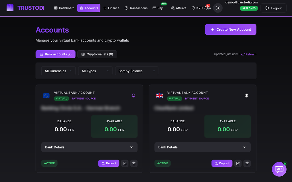 Virtual IBAN accounts in the TRUSTODI app