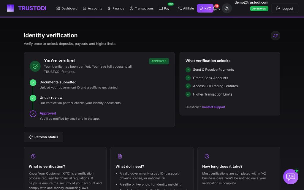 Automated KYC verification in the TRUSTODI app